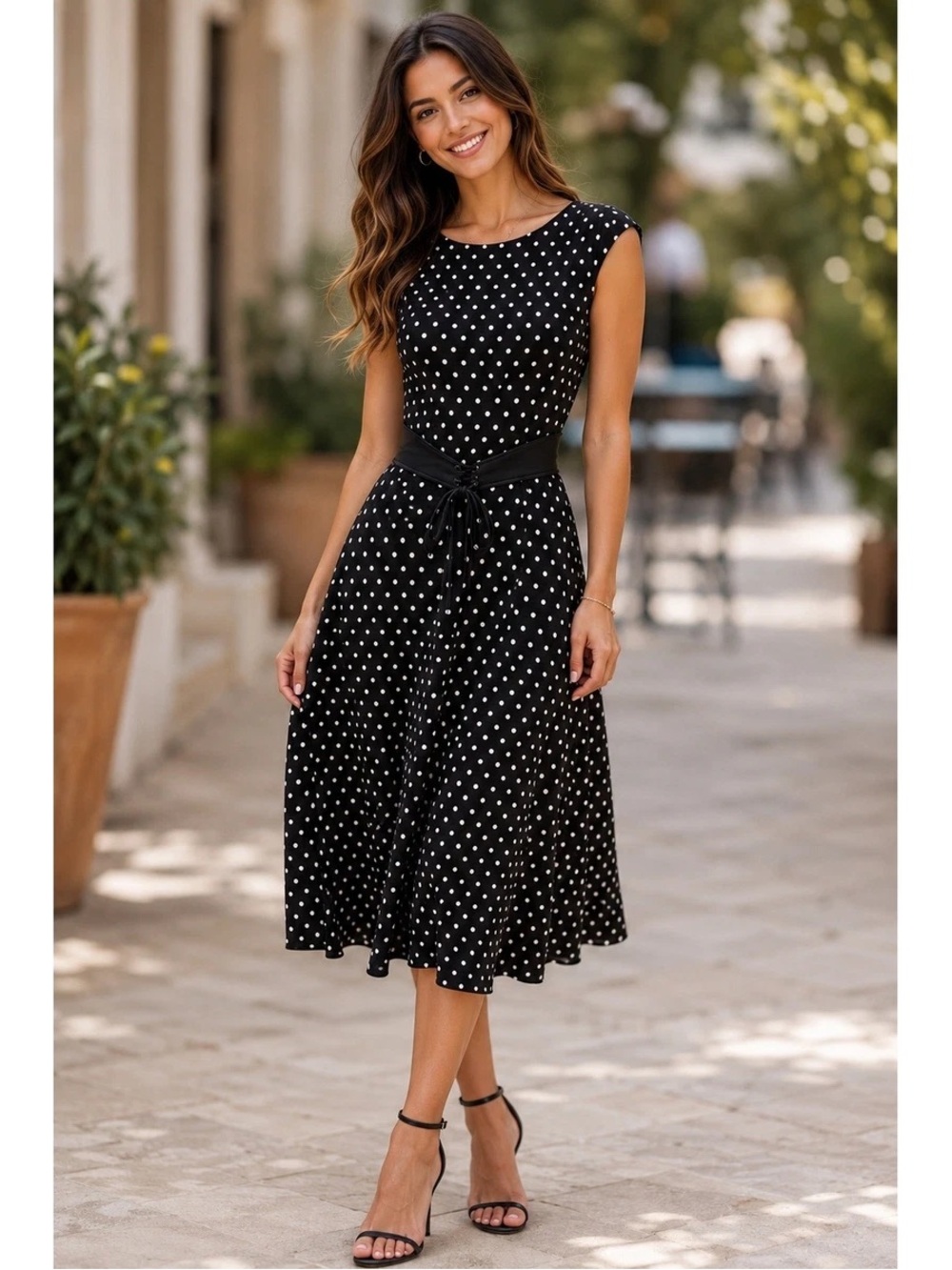 Classic Navy Polka Dot A-Line Dress with Belt